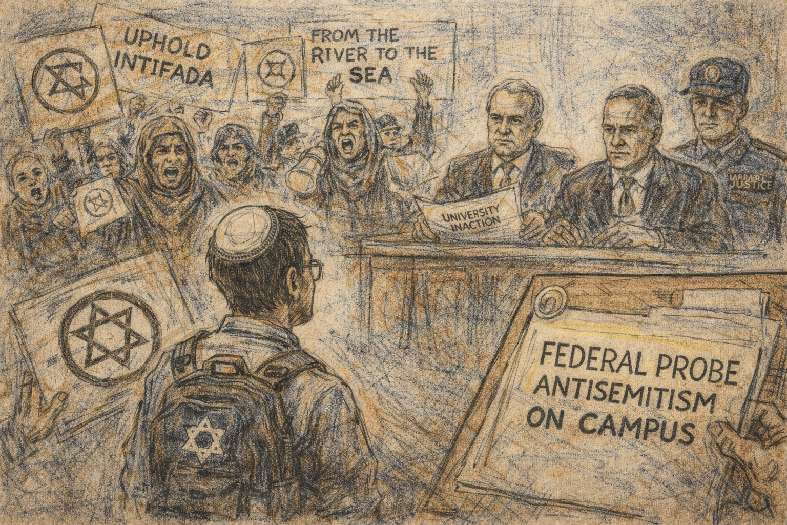 Courtroom sketch style illustration of a tense university protest scene with demonstrators, campus buildings, and an evidentiary hearing atmosphere highlighting federal scrutiny over antisemitism on college campuses.