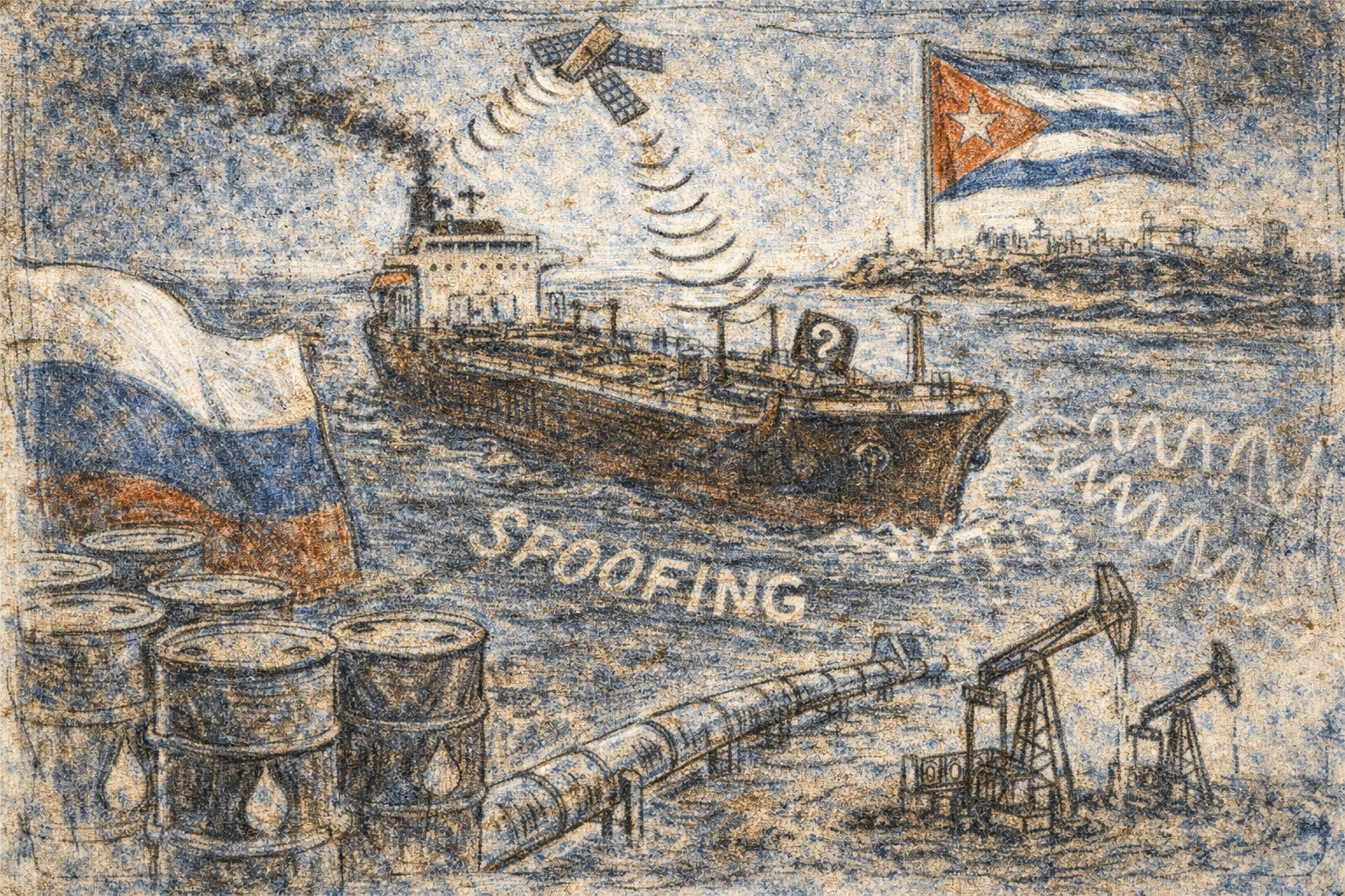 Courtroom sketch style illustration of a Russian fuel tanker using deceptive routing near Cuba, with maritime tracking imagery, legal documents, and American energy symbolism emphasizing sanctions evasion and energy security.