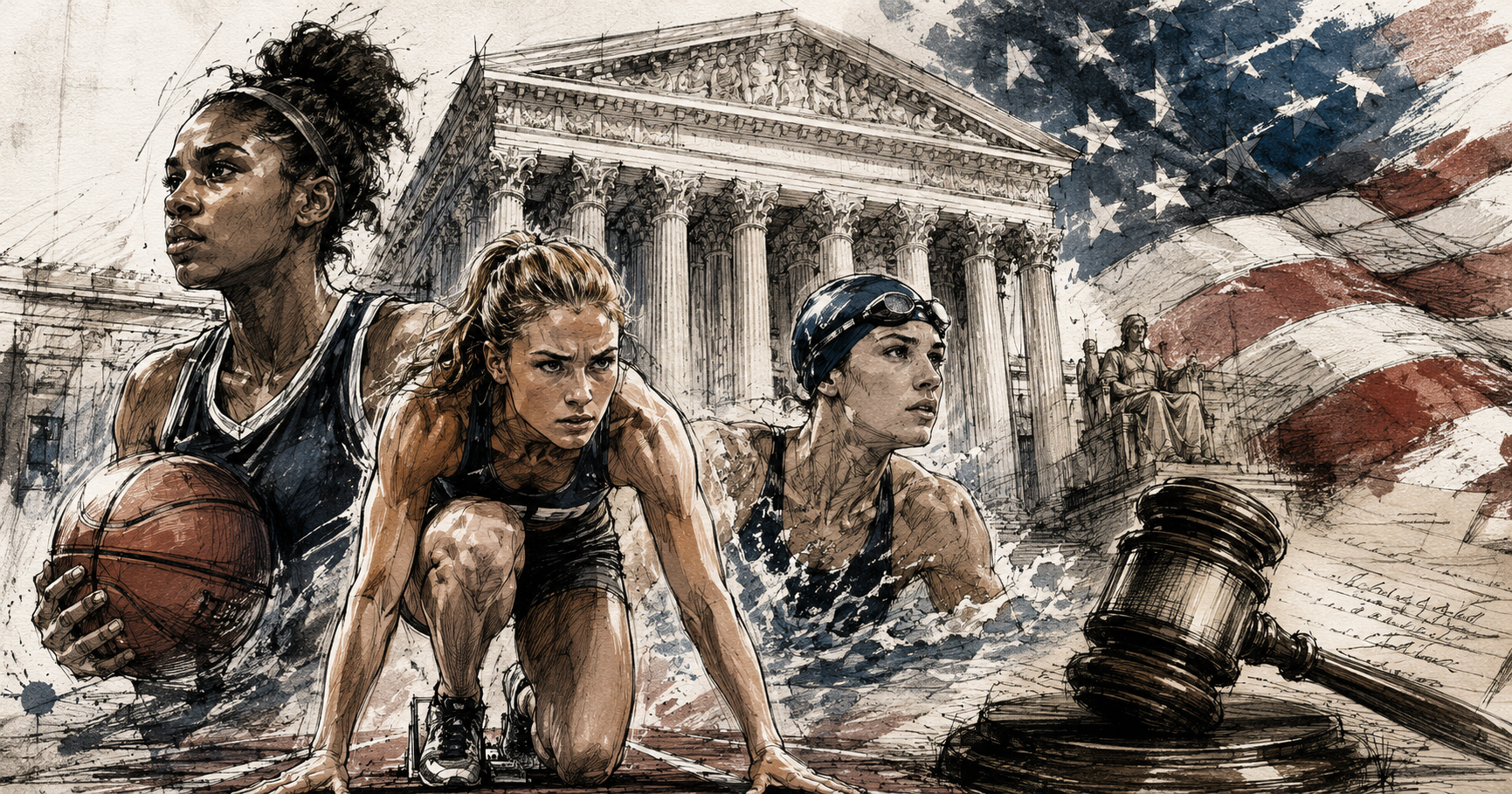 Courtroom sketch-style image of female athletes in front of the U.S. Supreme Court, with an American flag, legal papers, and a judge’s gavel symbolizing the legal fight to protect women’s sports.