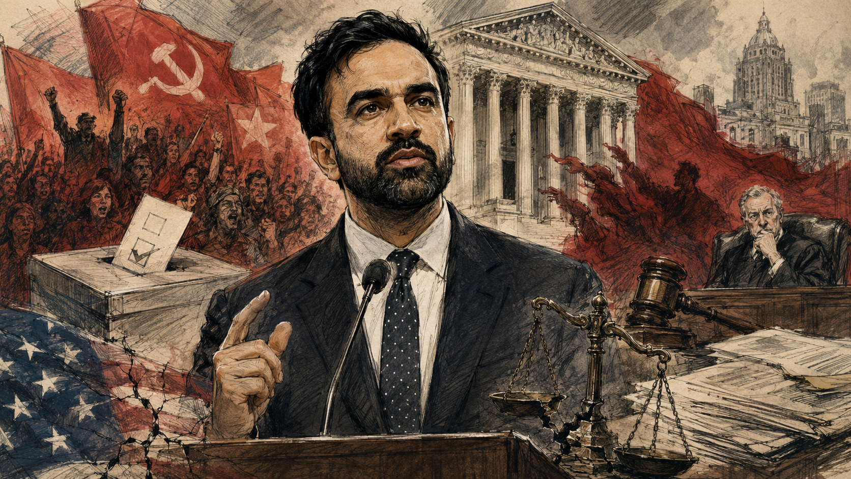 Courtroom sketch-style political illustration of Zohran Kwame Mamdani at a podium, surrounded by red socialist banners, ballots, a courthouse, a judge, legal papers, cracked scales of justice, and a distressed American flag.